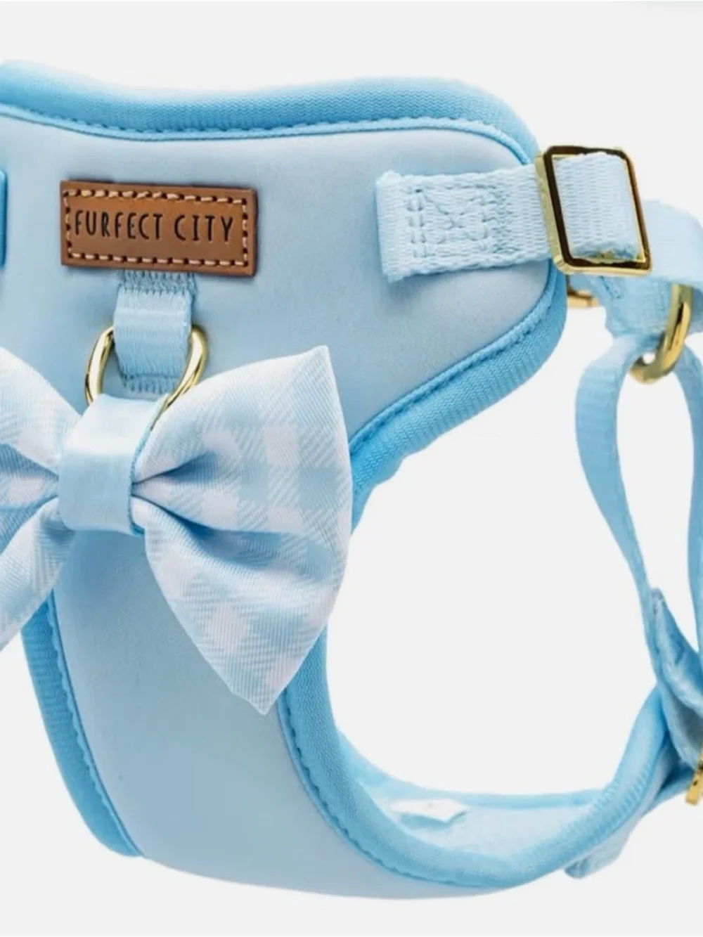 NEW Light Blue Dog Harness with Removable Plaid Bow - size M